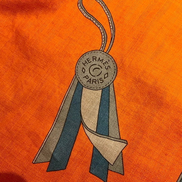 Hermès Orange Cashmere Silk Scarf – Equestrian Motif – NWT - Picture 3 of 8